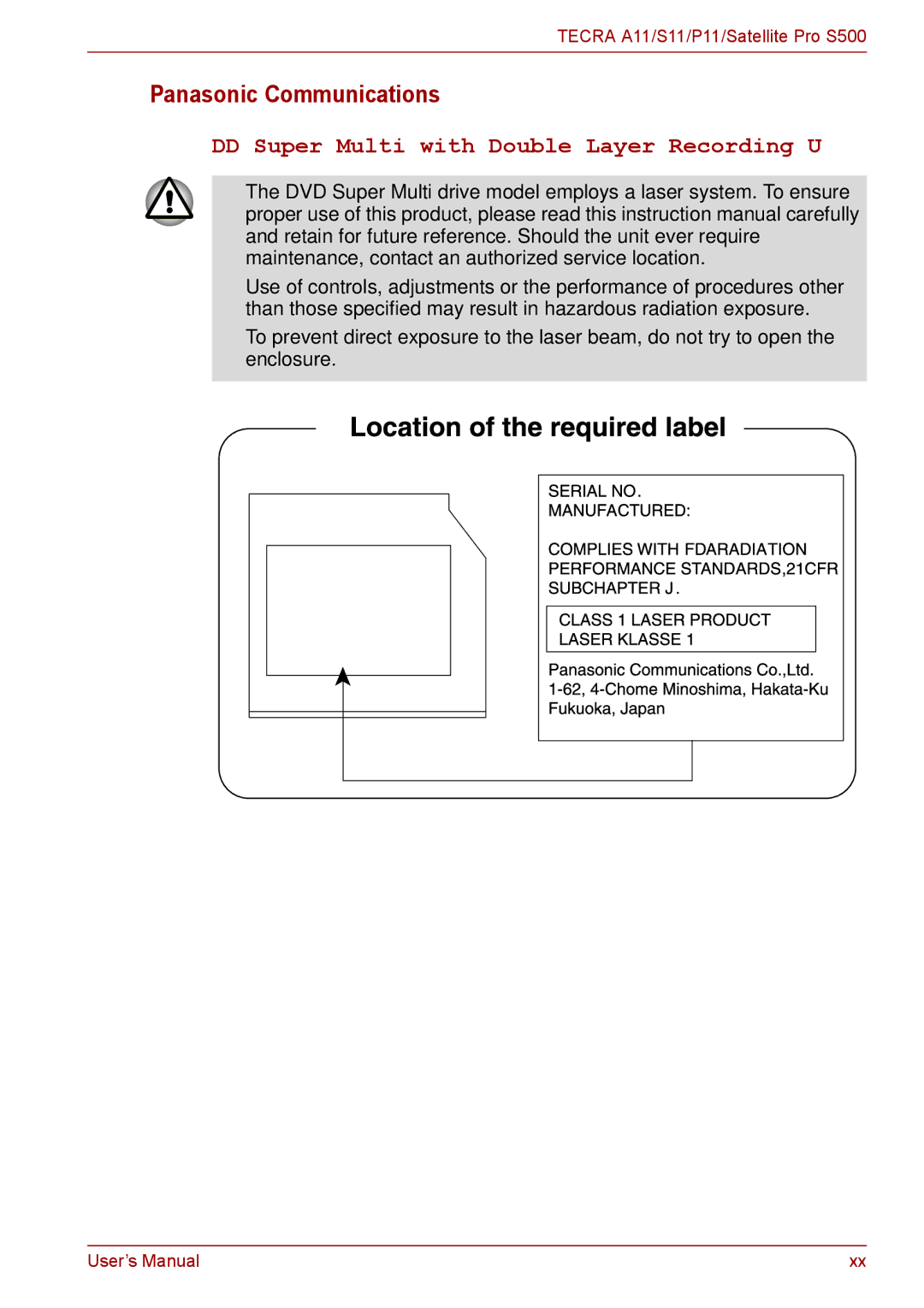 Toshiba A11, P11, S11 user manual Panasonic Communications, DVD Super Multi with Double Layer Recording UJ890 