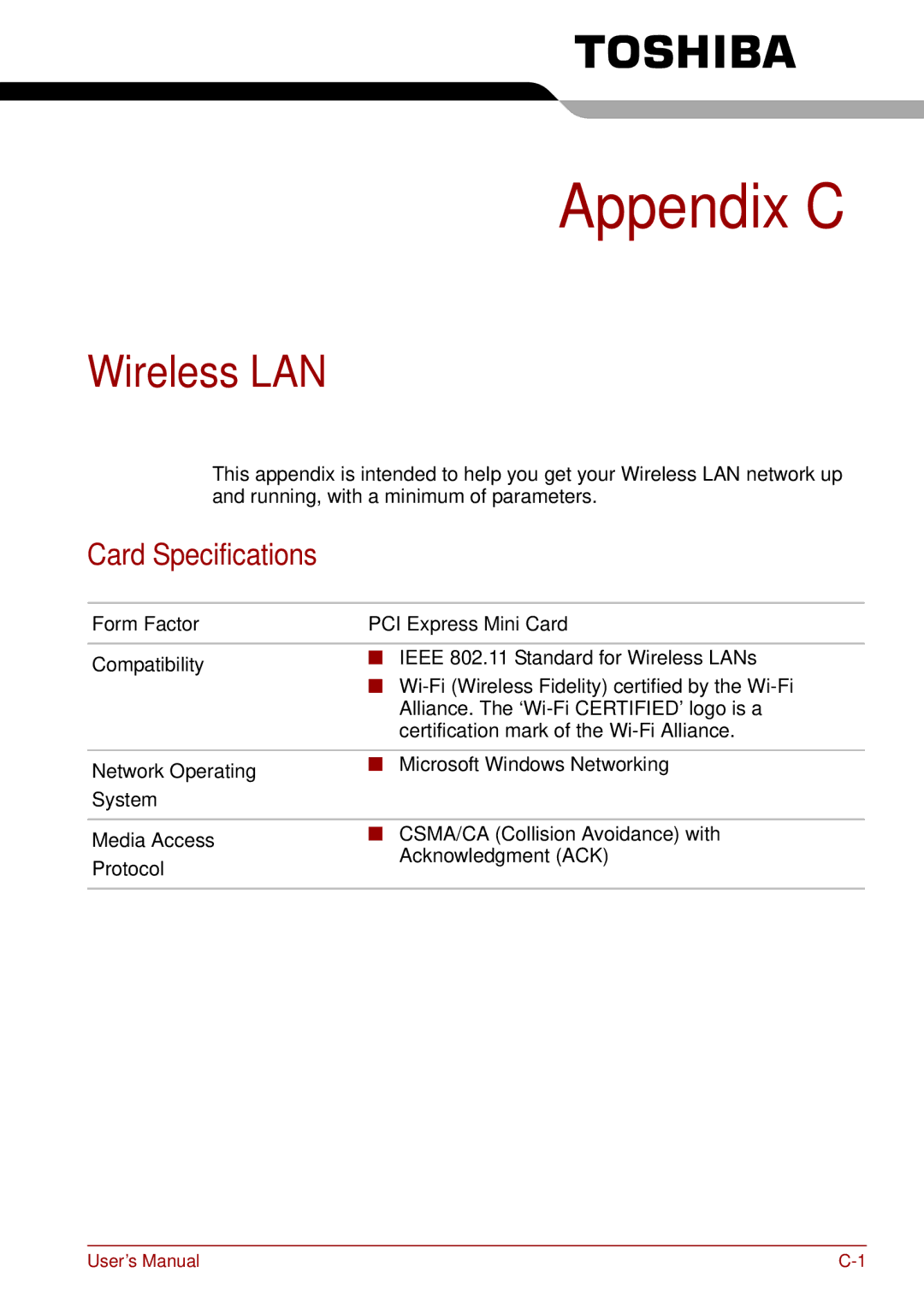 Toshiba P11, S11, A11 user manual Wireless LAN, Card Specifications 