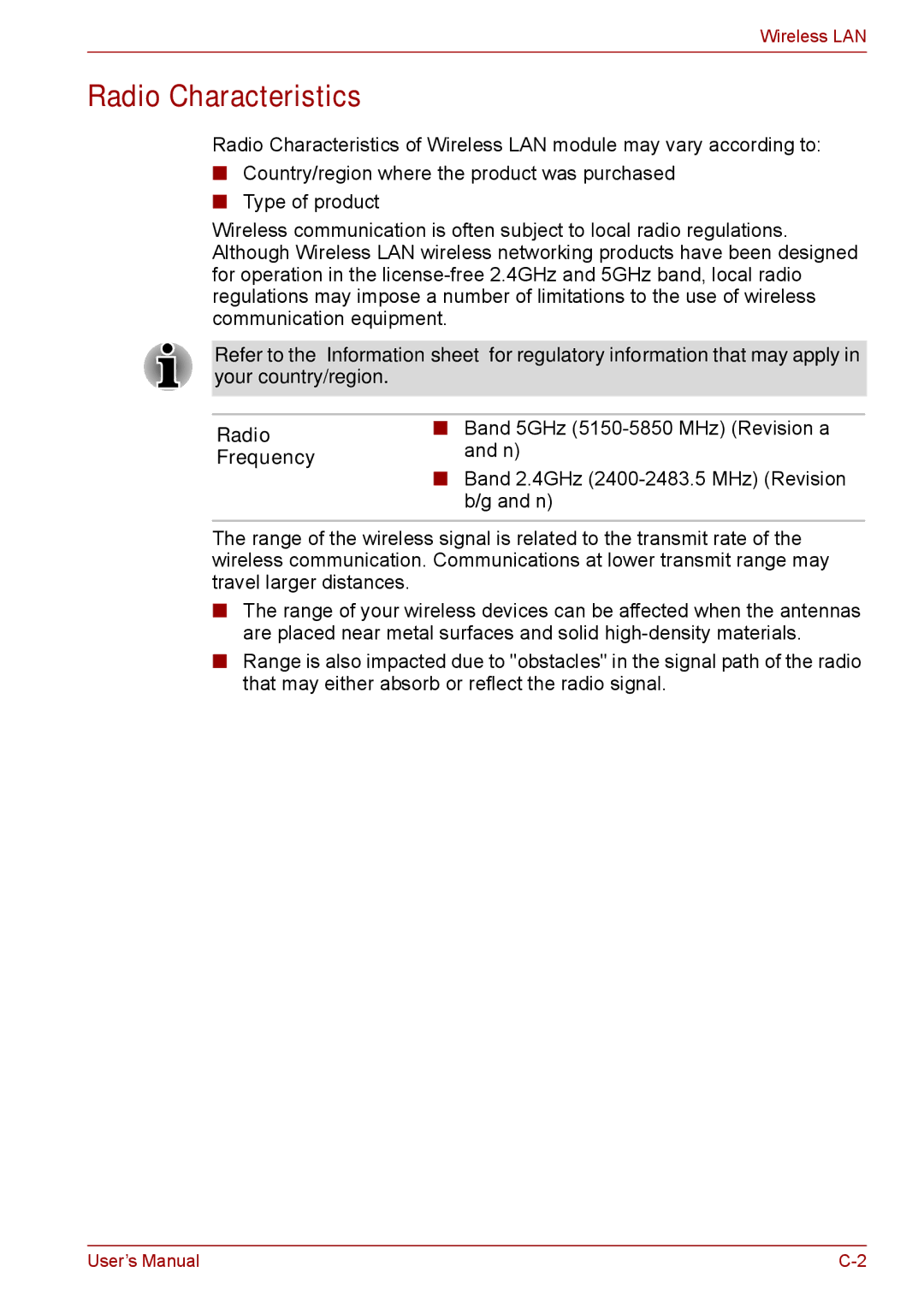 Toshiba S11, P11, A11 user manual Radio Characteristics, Radio Frequency 