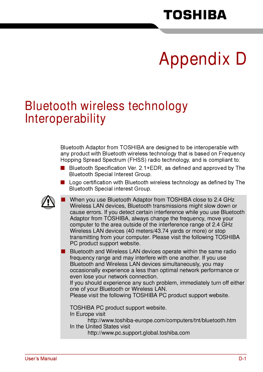 Toshiba A11, P11, S11 user manual Appendix D, Bluetooth wireless technology Interoperability 