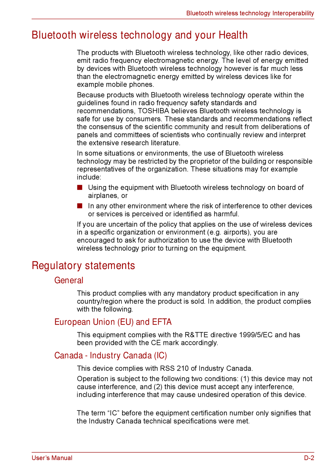 Toshiba P11, S11 Bluetooth wireless technology and your Health, Regulatory statements, General, European Union EU and Efta 