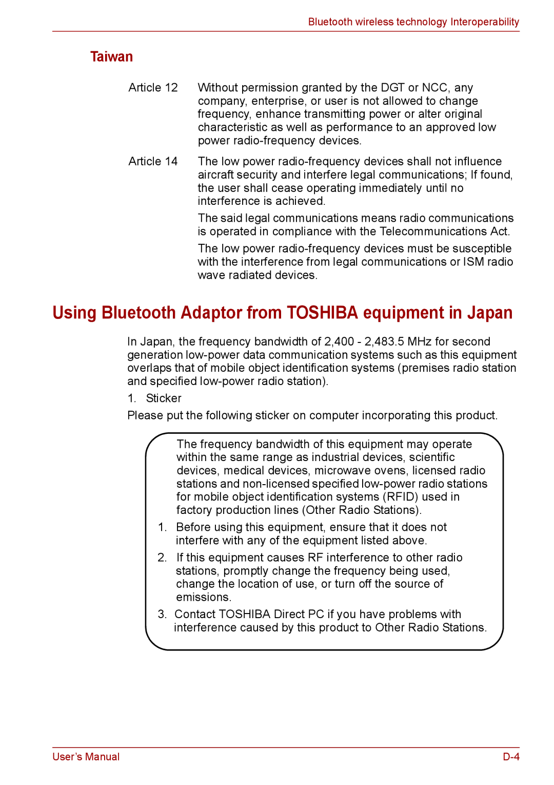 Toshiba A11, P11, S11 user manual Using Bluetooth Adaptor from Toshiba equipment in Japan, Taiwan 