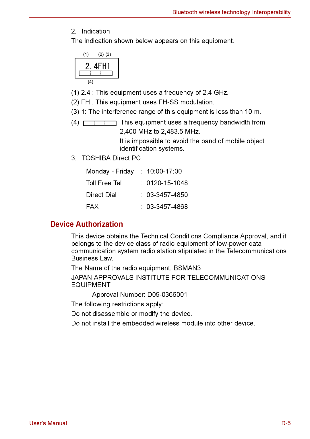 Toshiba P11, S11, A11 user manual Device Authorization, Japan Approvals Institute for Telecommunications Equipment 