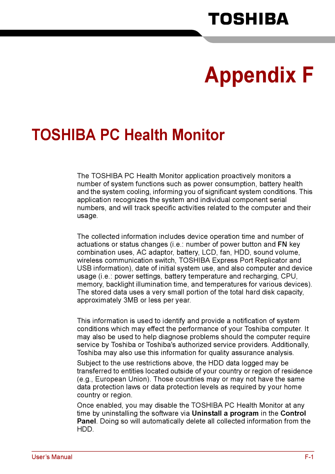 Toshiba P11, S11, A11 user manual Appendix F, Toshiba PC Health Monitor 