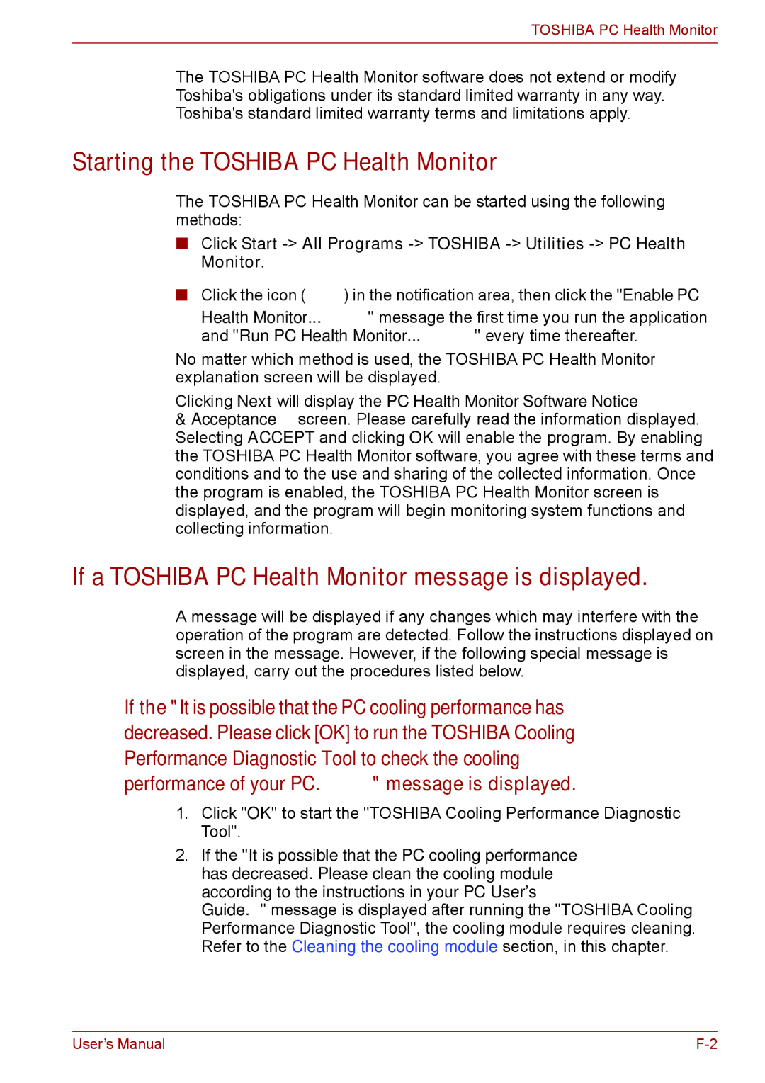 Toshiba S11, P11, A11 user manual Starting the Toshiba PC Health Monitor, If a Toshiba PC Health Monitor message is displayed 