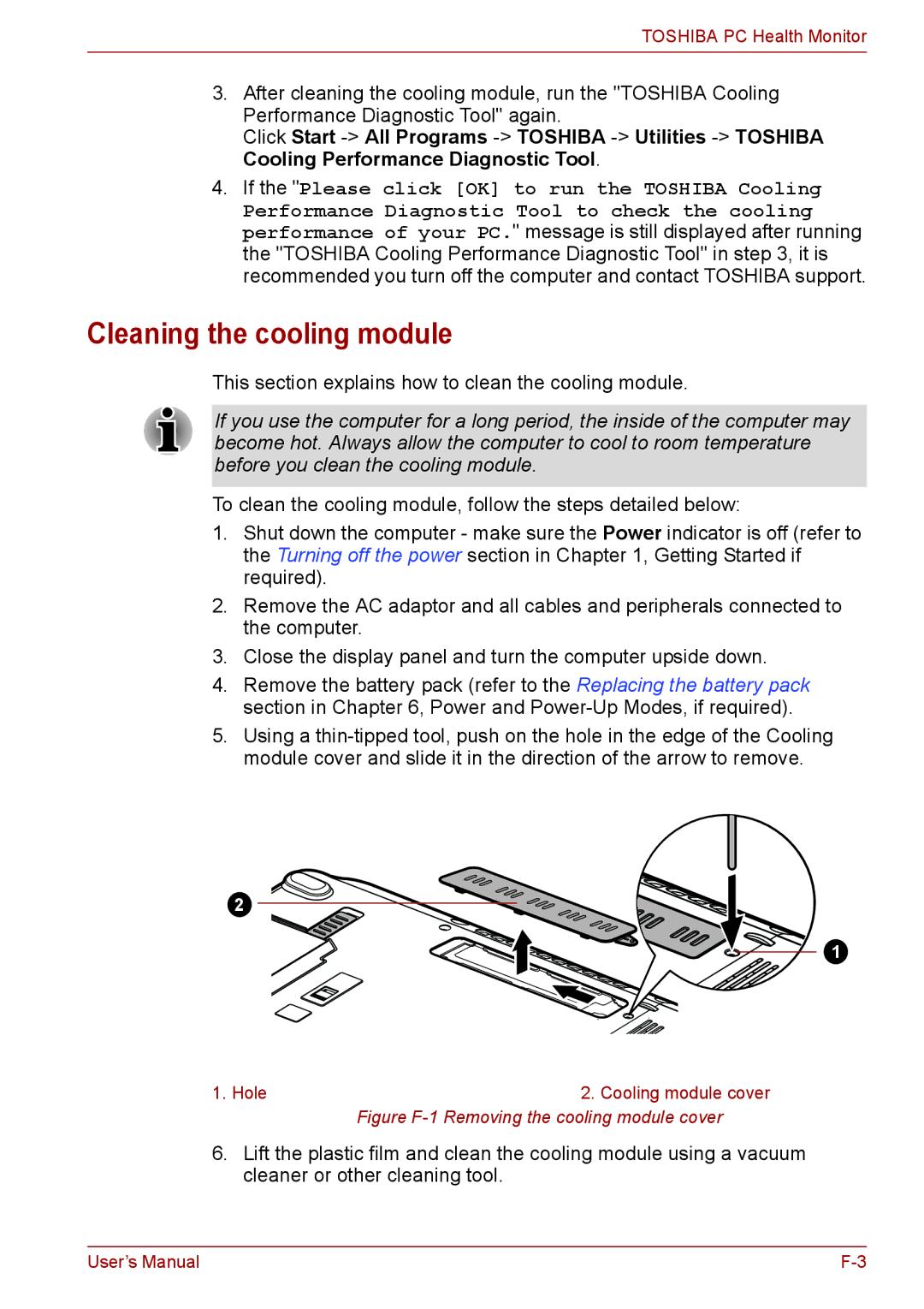 Toshiba A11, P11, S11 user manual Cleaning the cooling module, If the Please click OK to run the Toshiba Cooling 