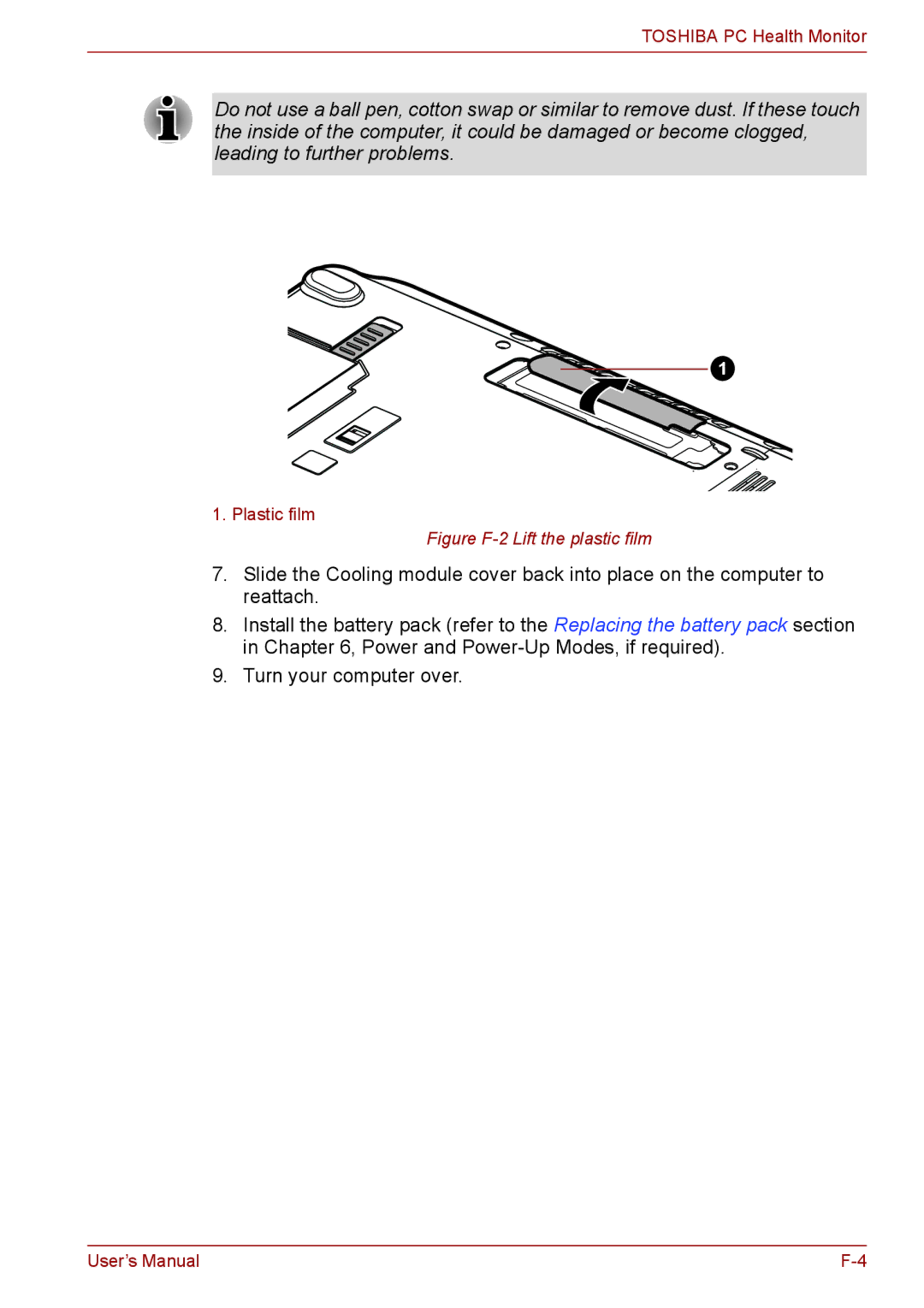 Toshiba P11, S11, A11 user manual Figure F-2 Lift the plastic film 