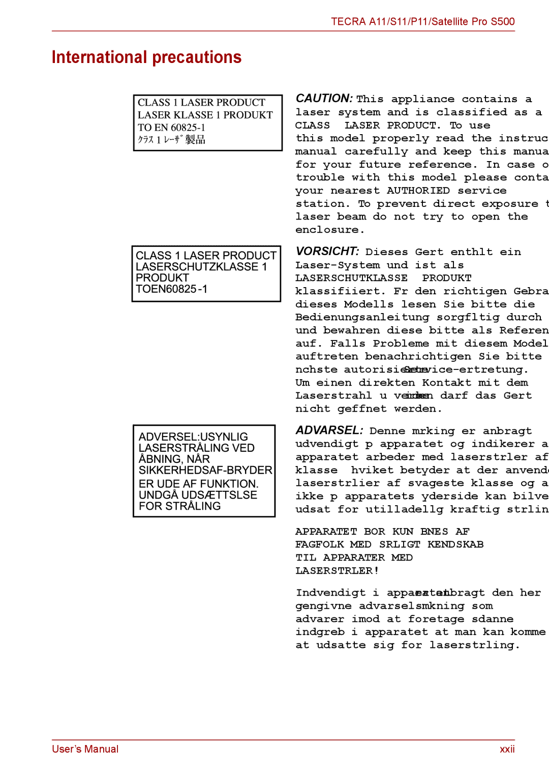 Toshiba S11, P11, A11 user manual International precautions, Vorsicht Dieses Gerät enthält ein Laser-System und ist als 