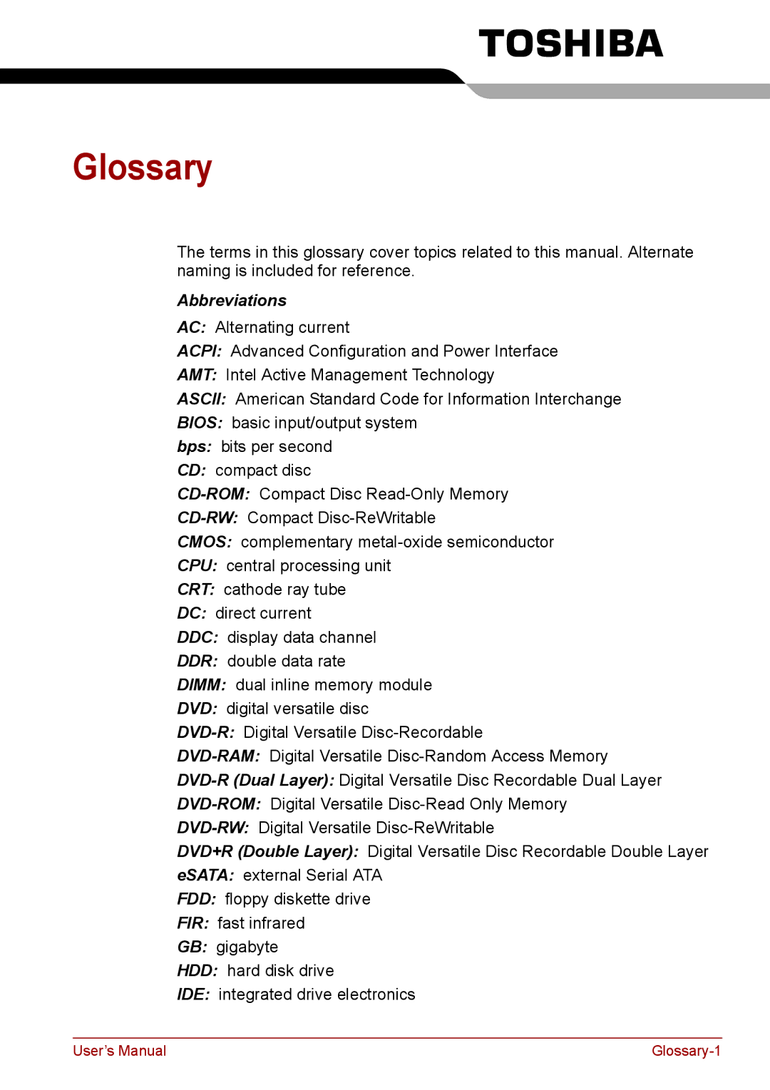 Toshiba A11, P11, S11 user manual Glossary, Abbreviations 