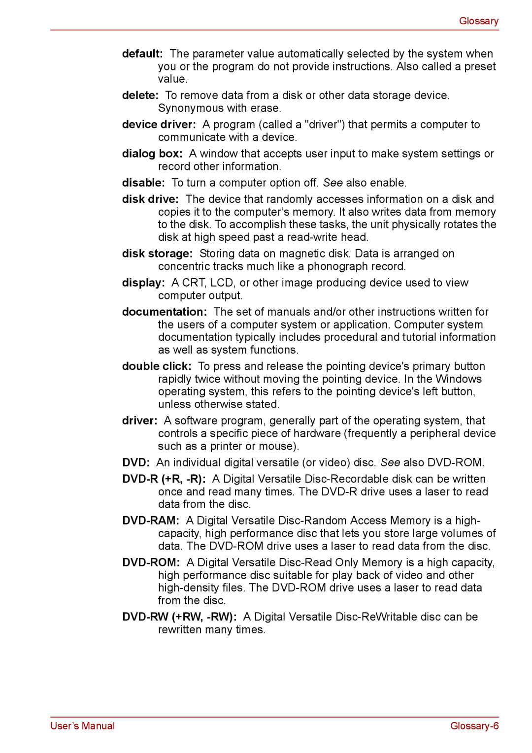 Toshiba S11, P11, A11 user manual Glossary-6 