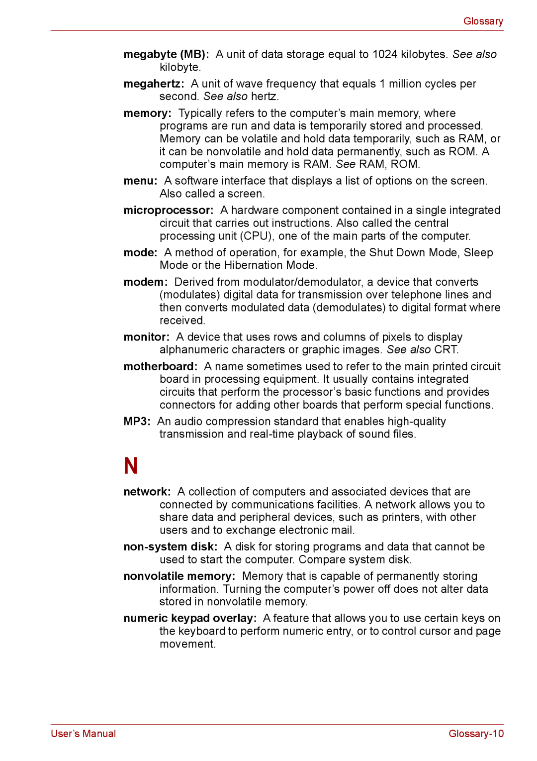 Toshiba A11, P11, S11 user manual Glossary-10 