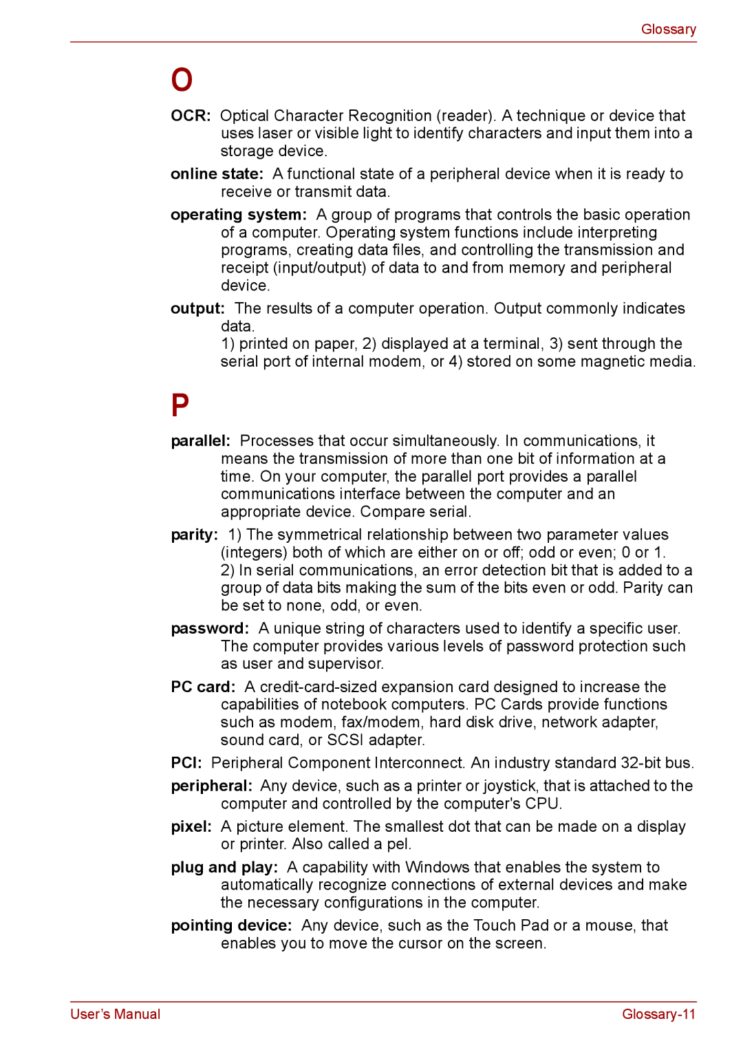 Toshiba P11, S11, A11 user manual Glossary-11 