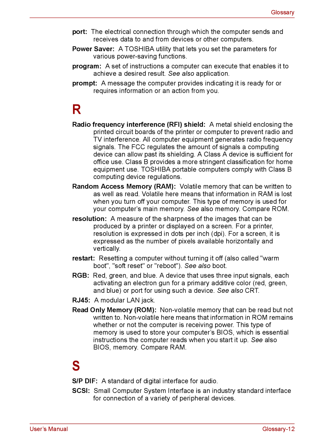 Toshiba S11, P11, A11 user manual Glossary-12 