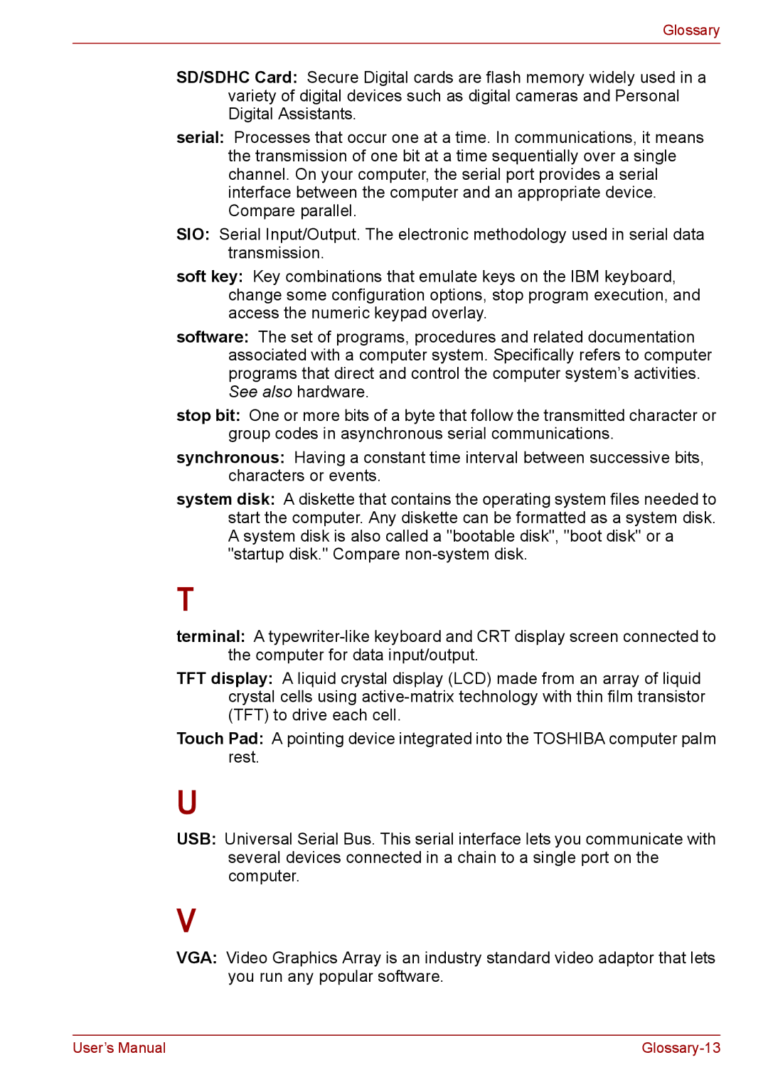 Toshiba A11, P11, S11 user manual Glossary-13 