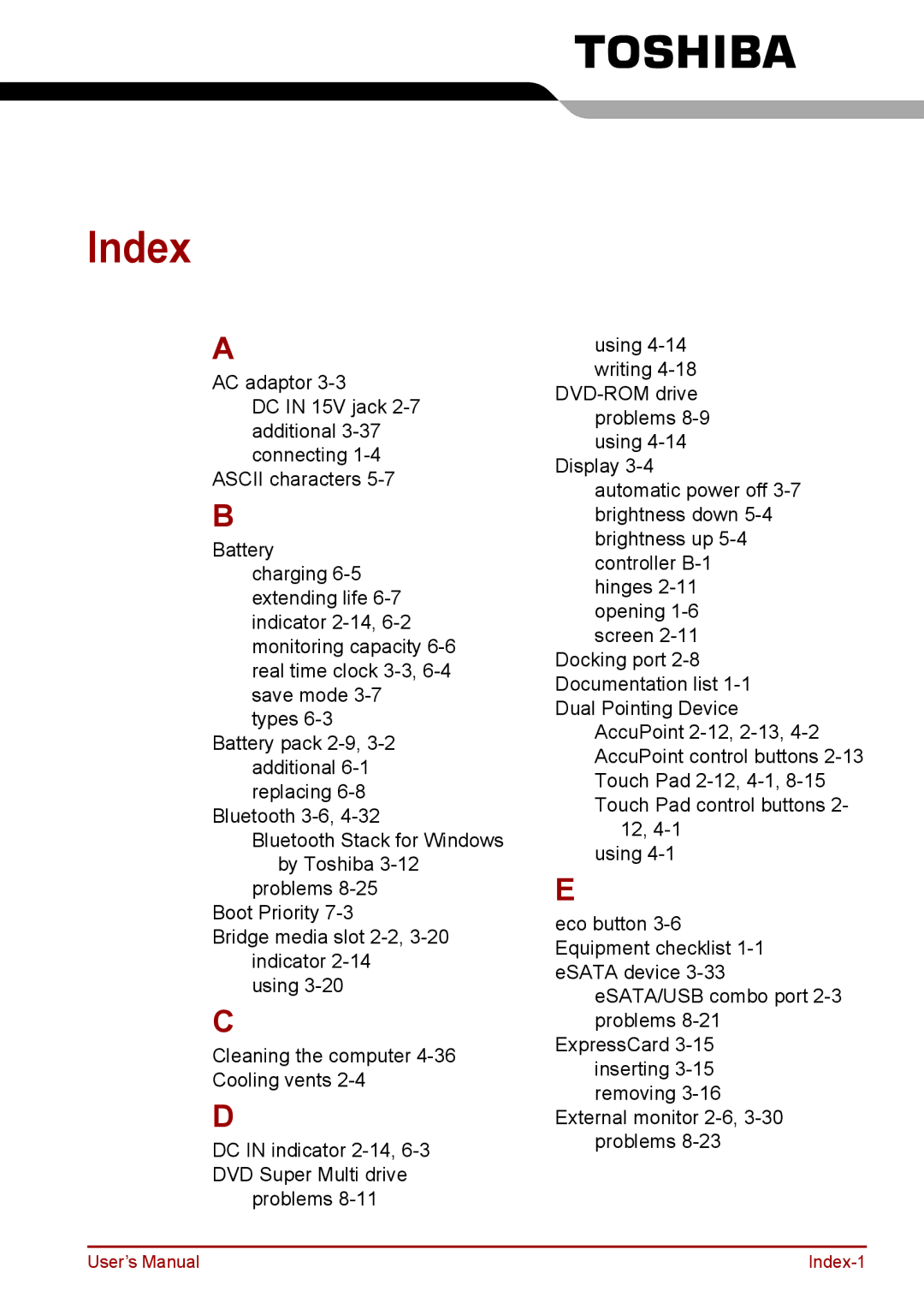 Toshiba S11, P11, A11 user manual Index 