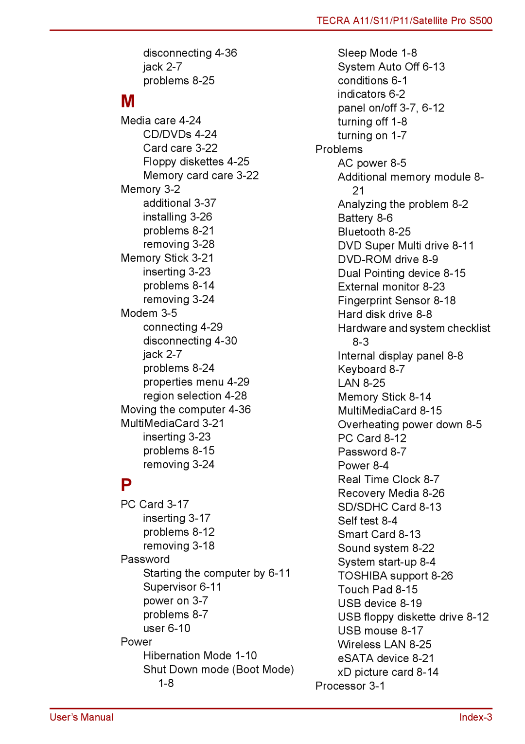 Toshiba P11, S11, A11 user manual Index-3 