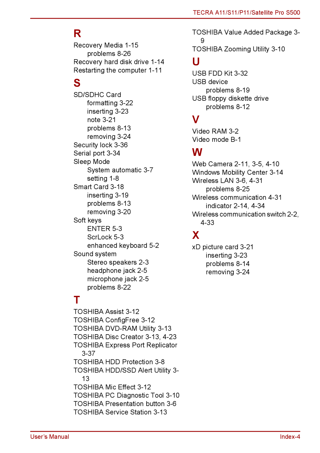 Toshiba S11, P11, A11 user manual Index-4 