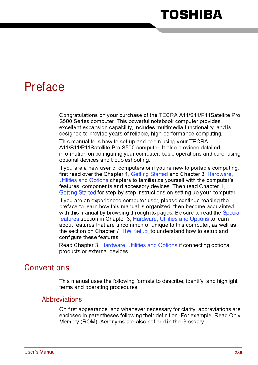 Toshiba P11, S11, A11 user manual Preface, Conventions, Abbreviations 