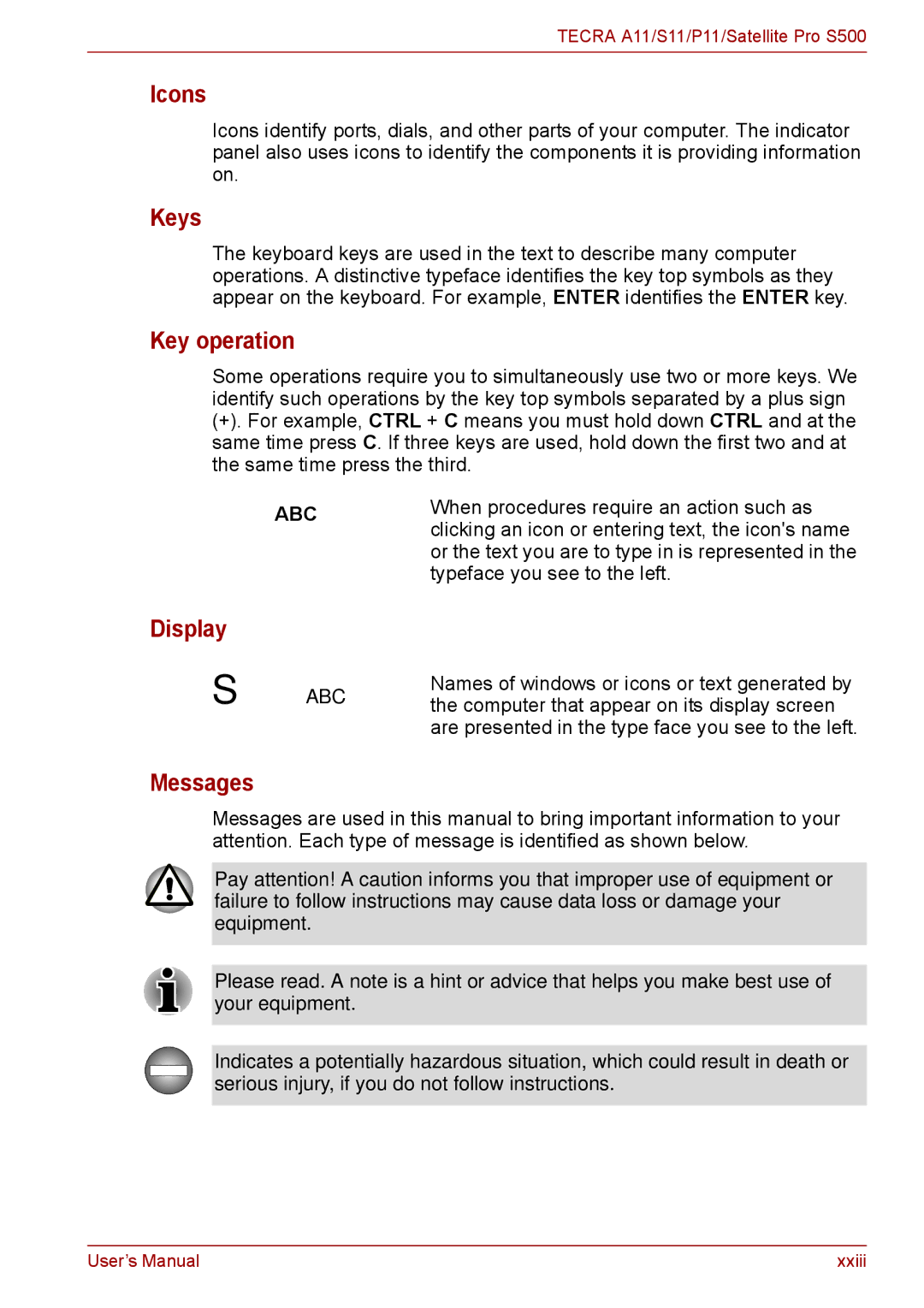 Toshiba S11, P11, A11 user manual Icons, Keys, Key operation, Display, Messages 