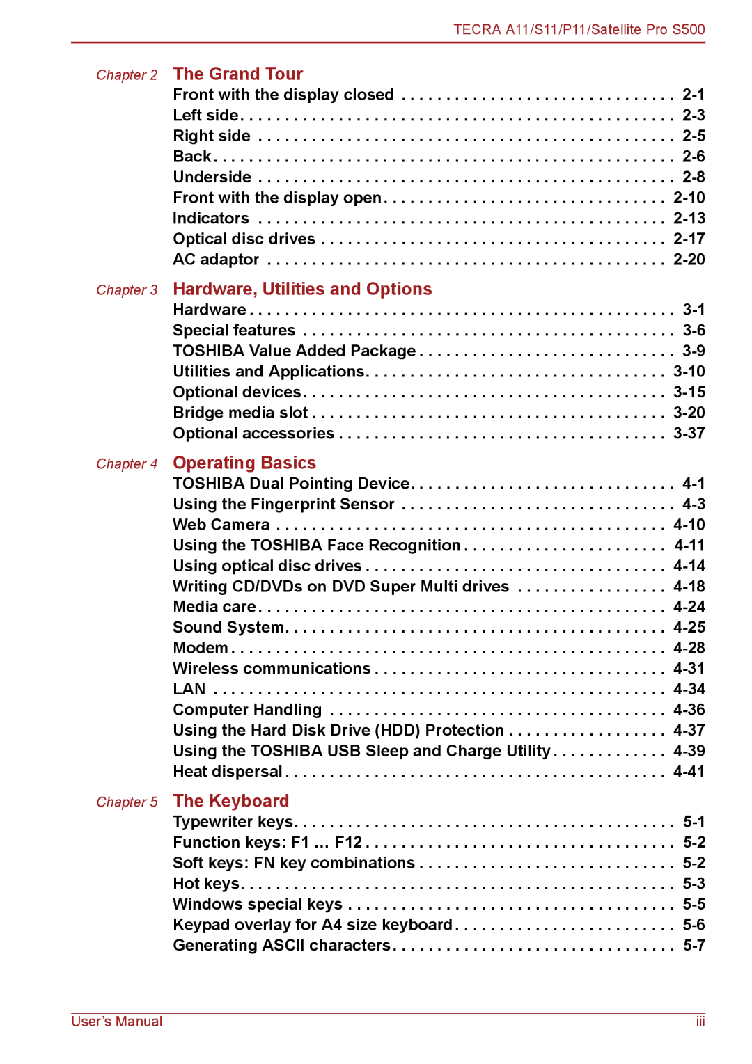 Toshiba P11, S11, A11 user manual Grand Tour 