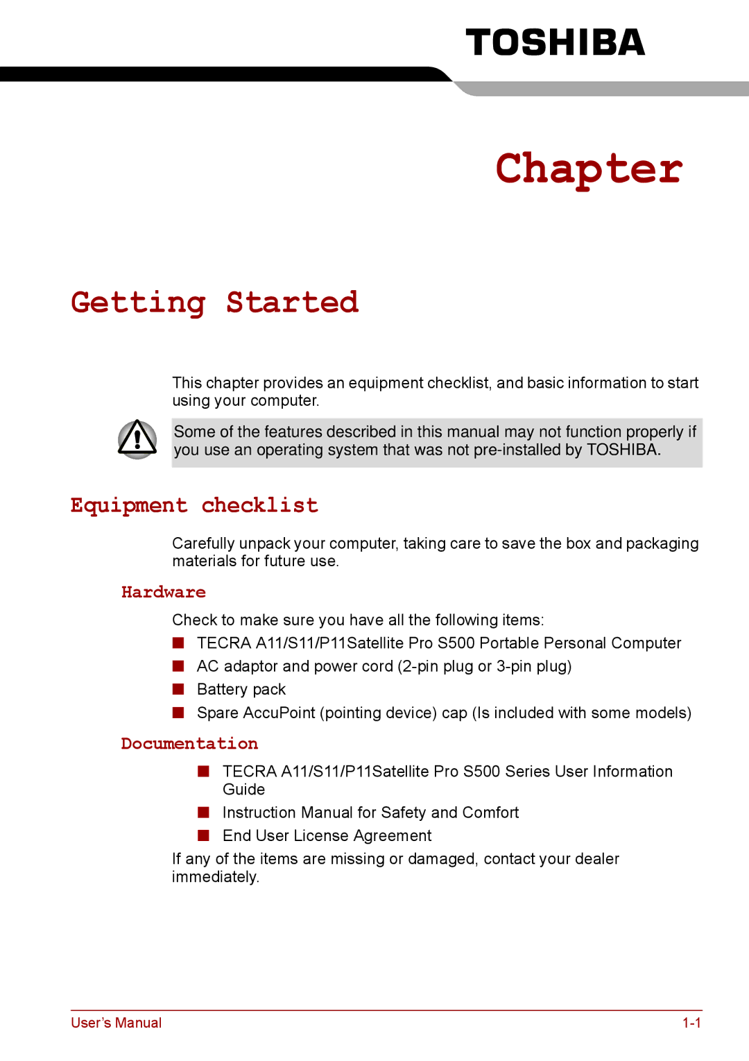 Toshiba P11, S11, A11 user manual Getting Started, Equipment checklist, Hardware, Documentation 