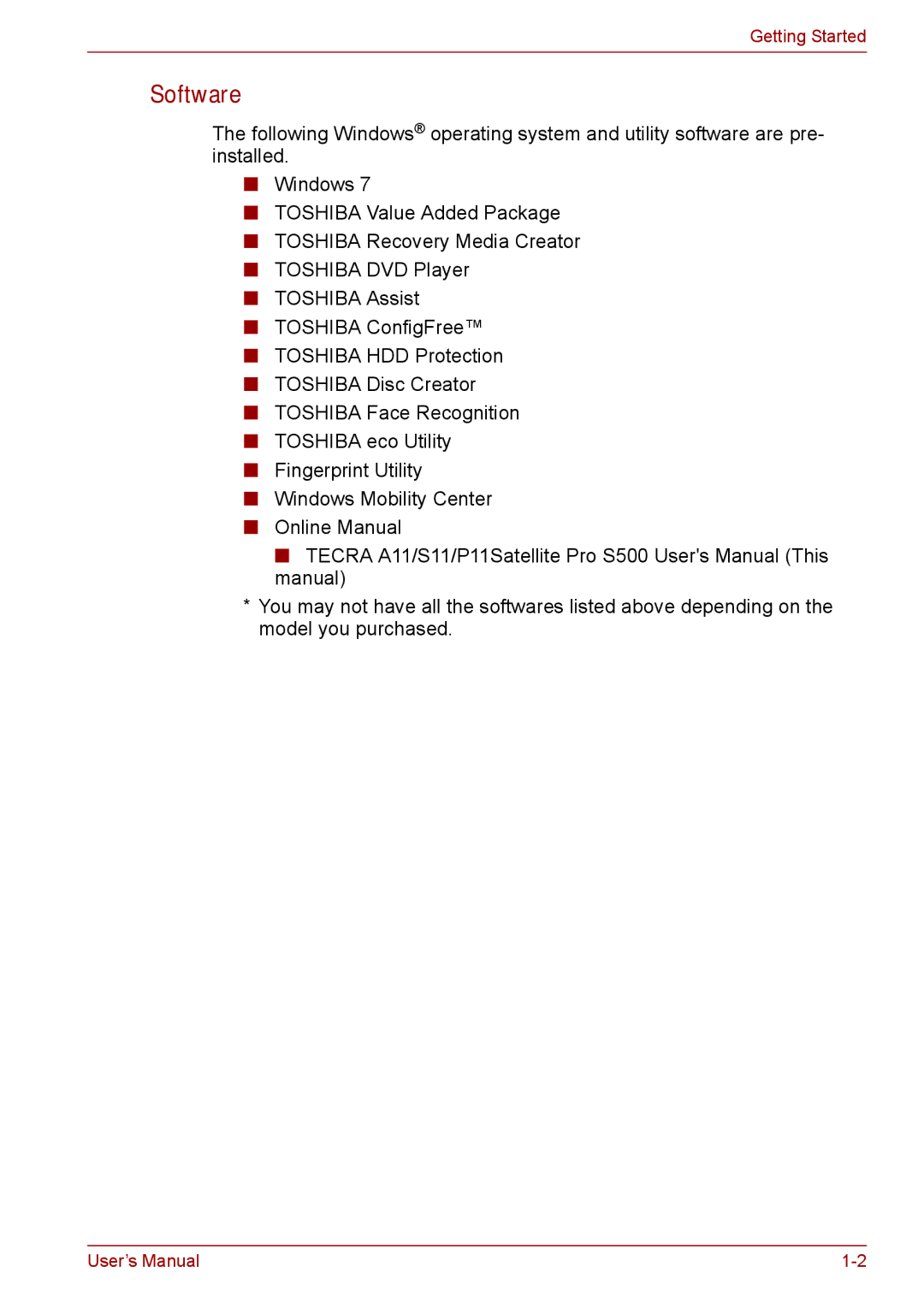 Toshiba S11, P11, A11 user manual Software 