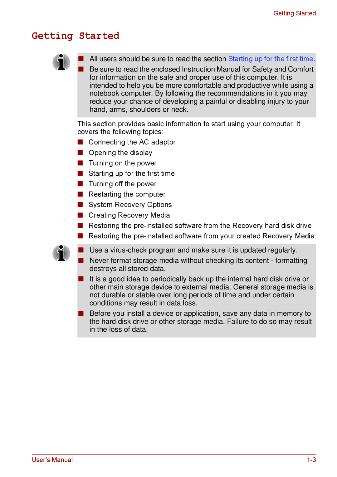 Toshiba A11, P11, S11 user manual Getting Started 