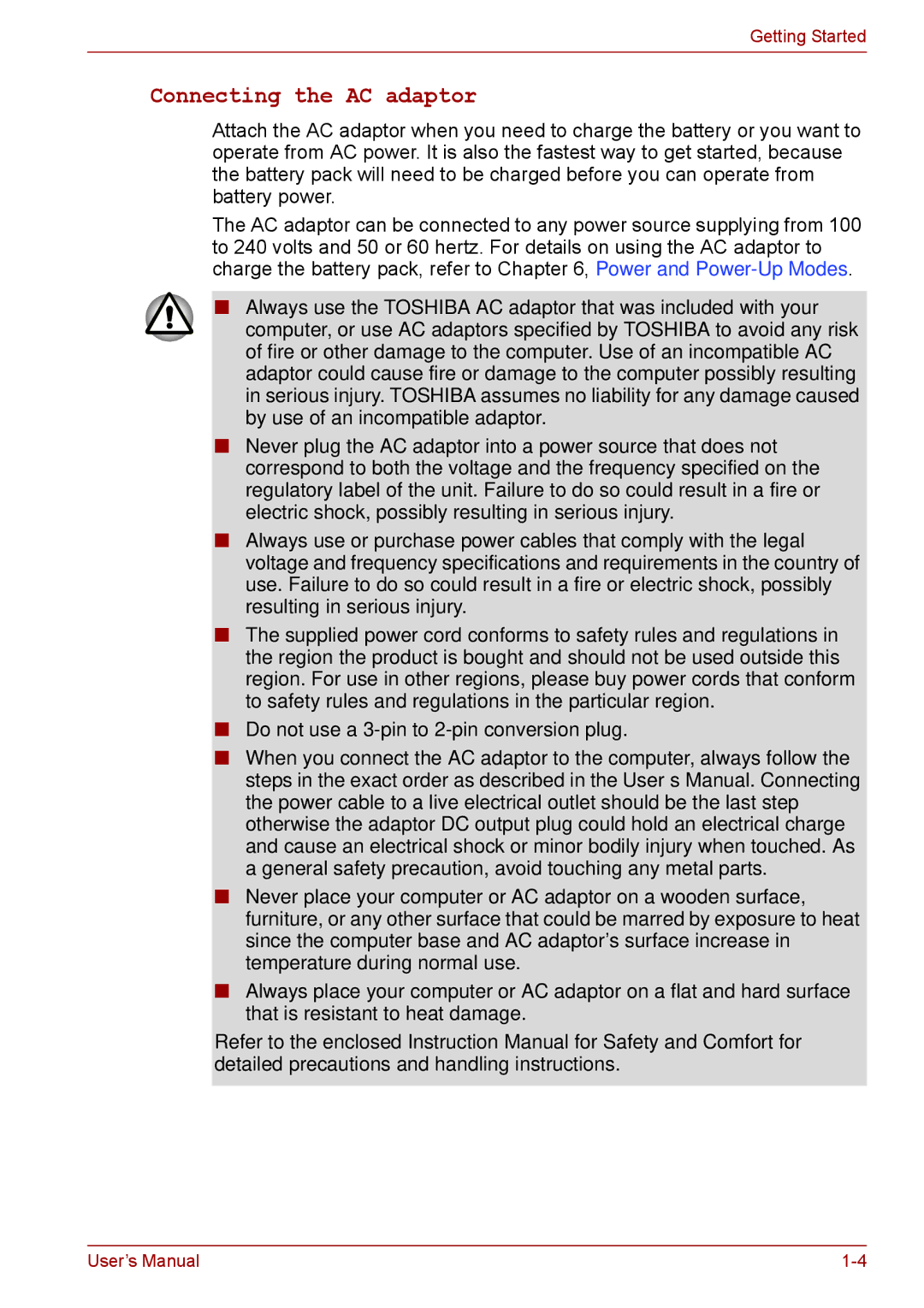 Toshiba P11, S11, A11 user manual Connecting the AC adaptor 