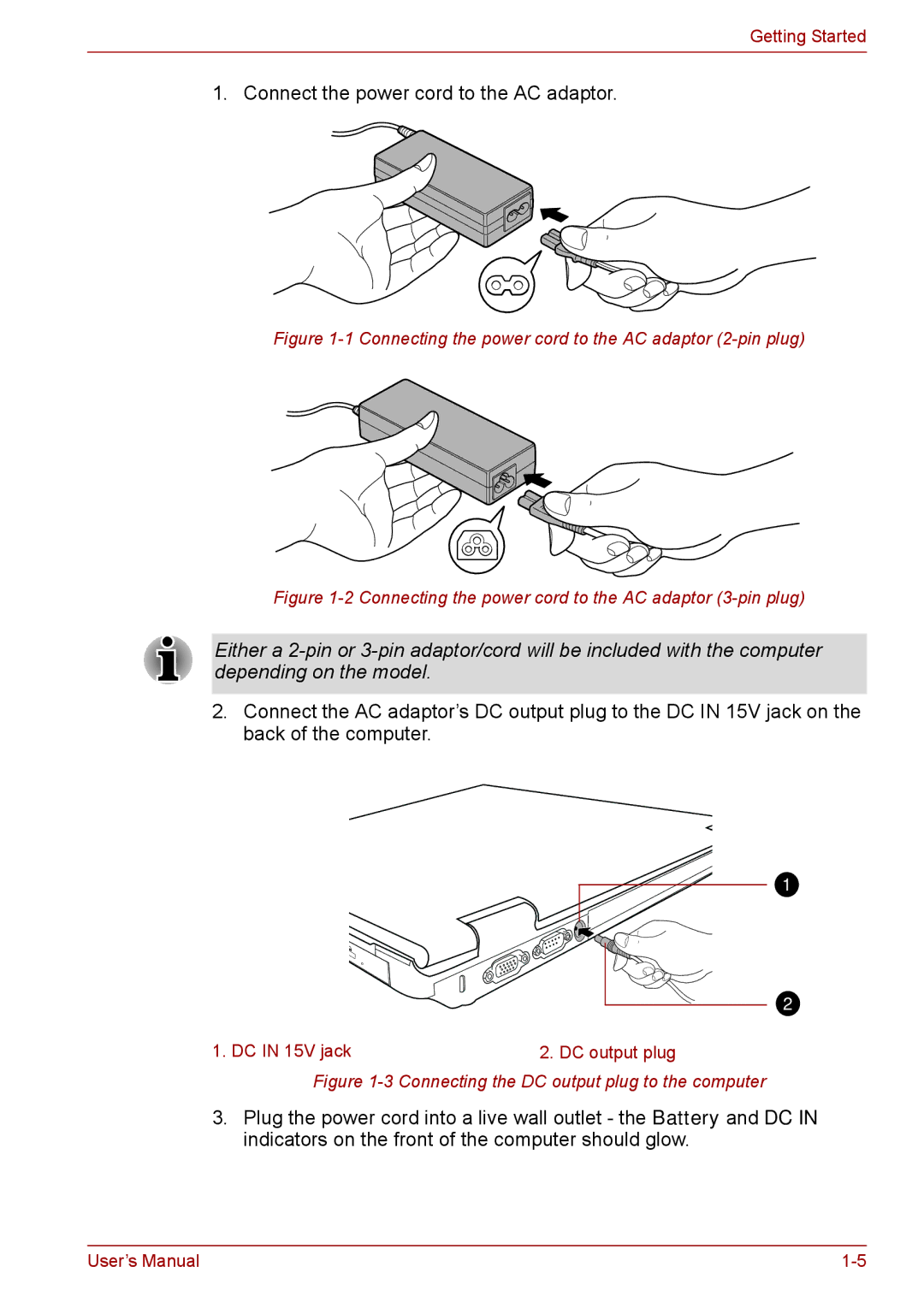 Toshiba S11, P11, A11 user manual Connect the power cord to the AC adaptor 