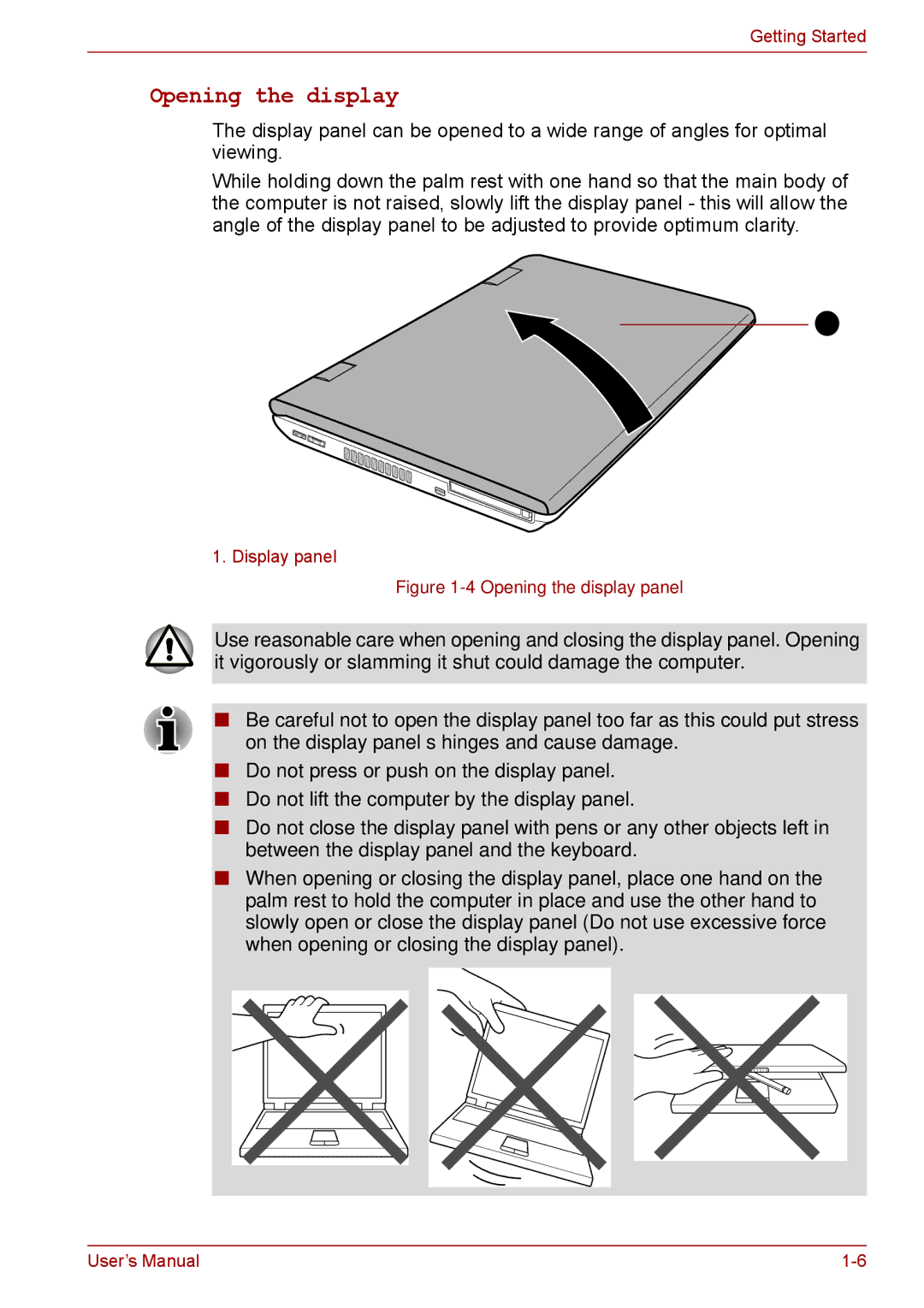 Toshiba A11, P11, S11 user manual Opening the display panel 