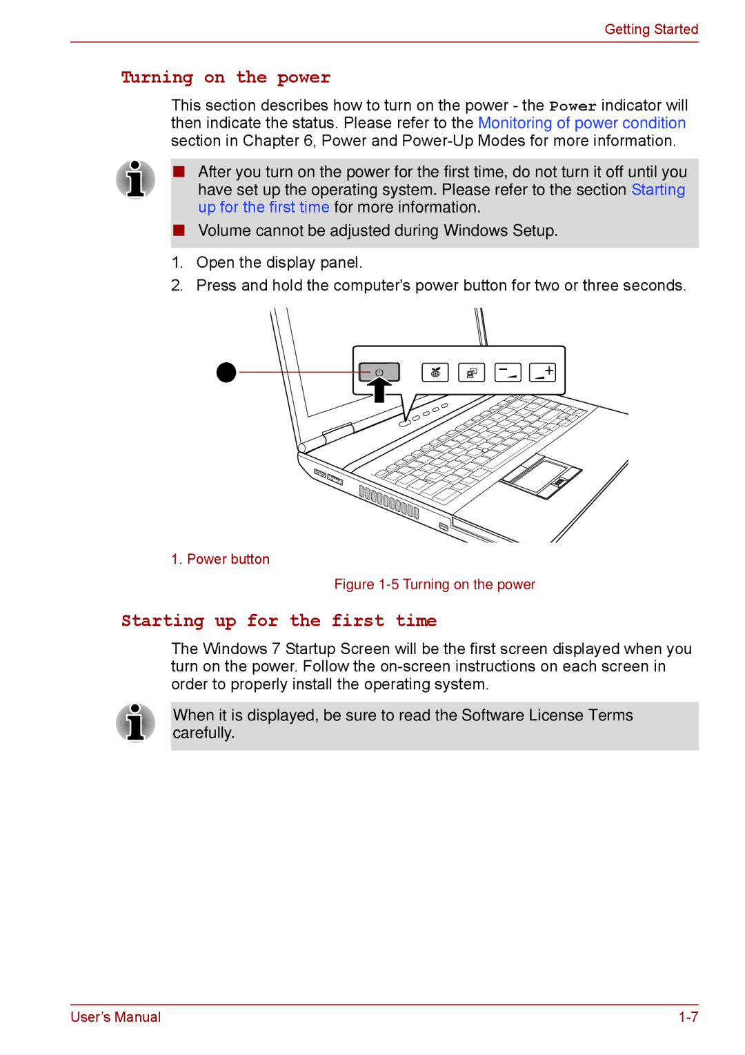 Toshiba P11, S11, A11 user manual Turning on the power, Starting up for the first time 