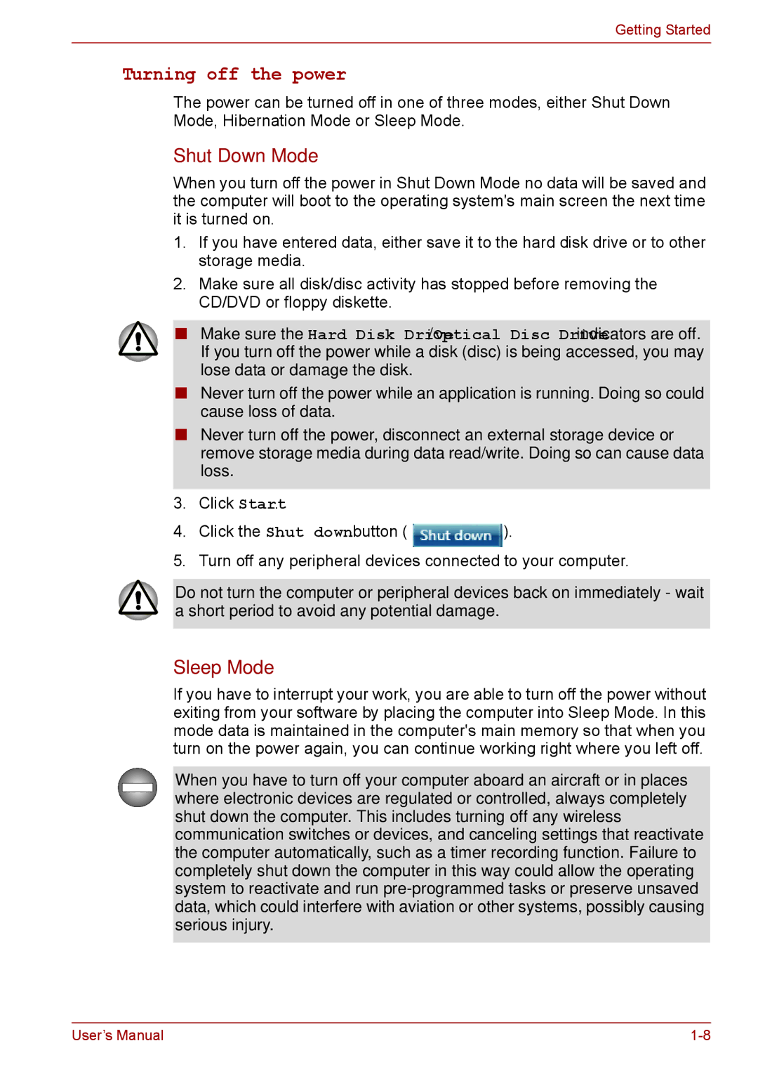 Toshiba S11, P11, A11 user manual Turning off the power, Shut Down Mode, Sleep Mode 