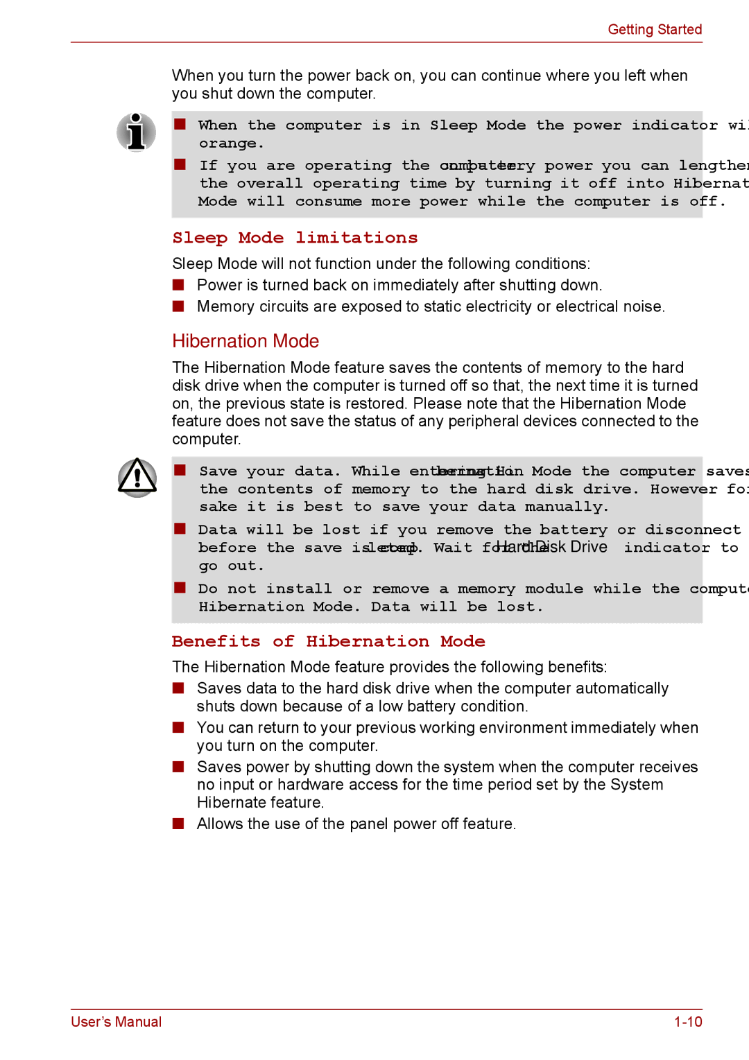 Toshiba P11, S11, A11 user manual Sleep Mode limitations, Hibernation Mode 