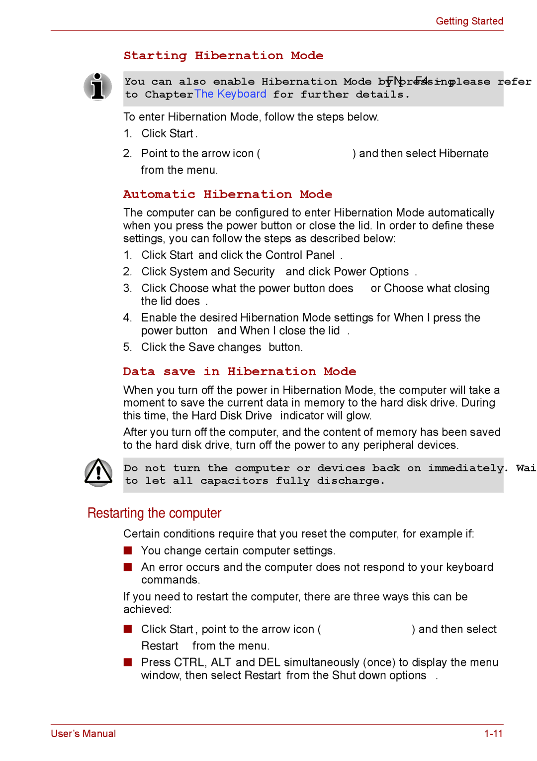 Toshiba S11, P11, A11 user manual Restarting the computer, Starting Hibernation Mode 