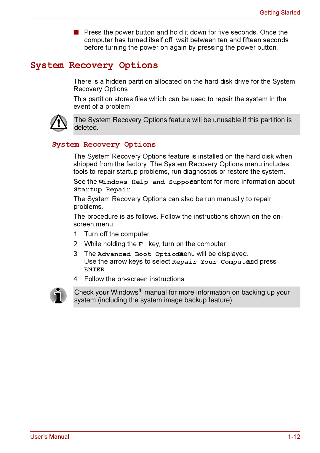 Toshiba A11, P11, S11 user manual System Recovery Options 