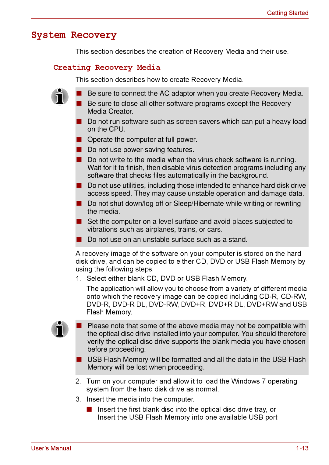 Toshiba P11, S11, A11 user manual System Recovery, Creating Recovery Media 