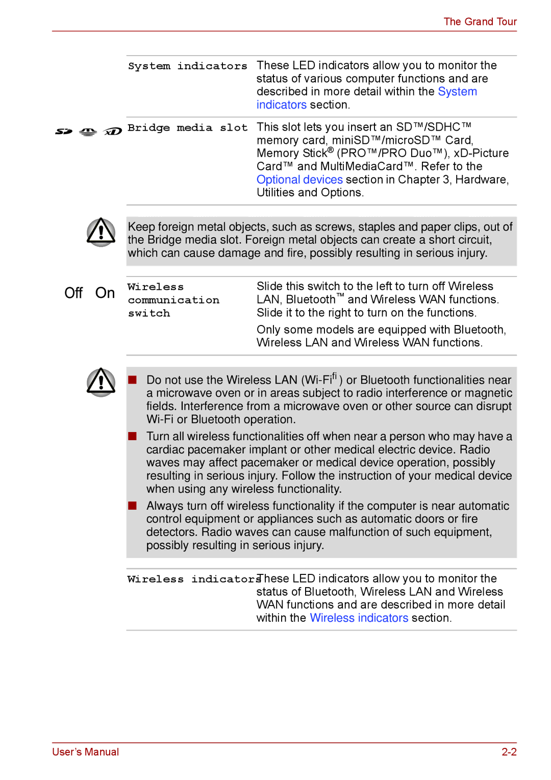 Toshiba S11, P11, A11 user manual Wireless, Communication, Switch 