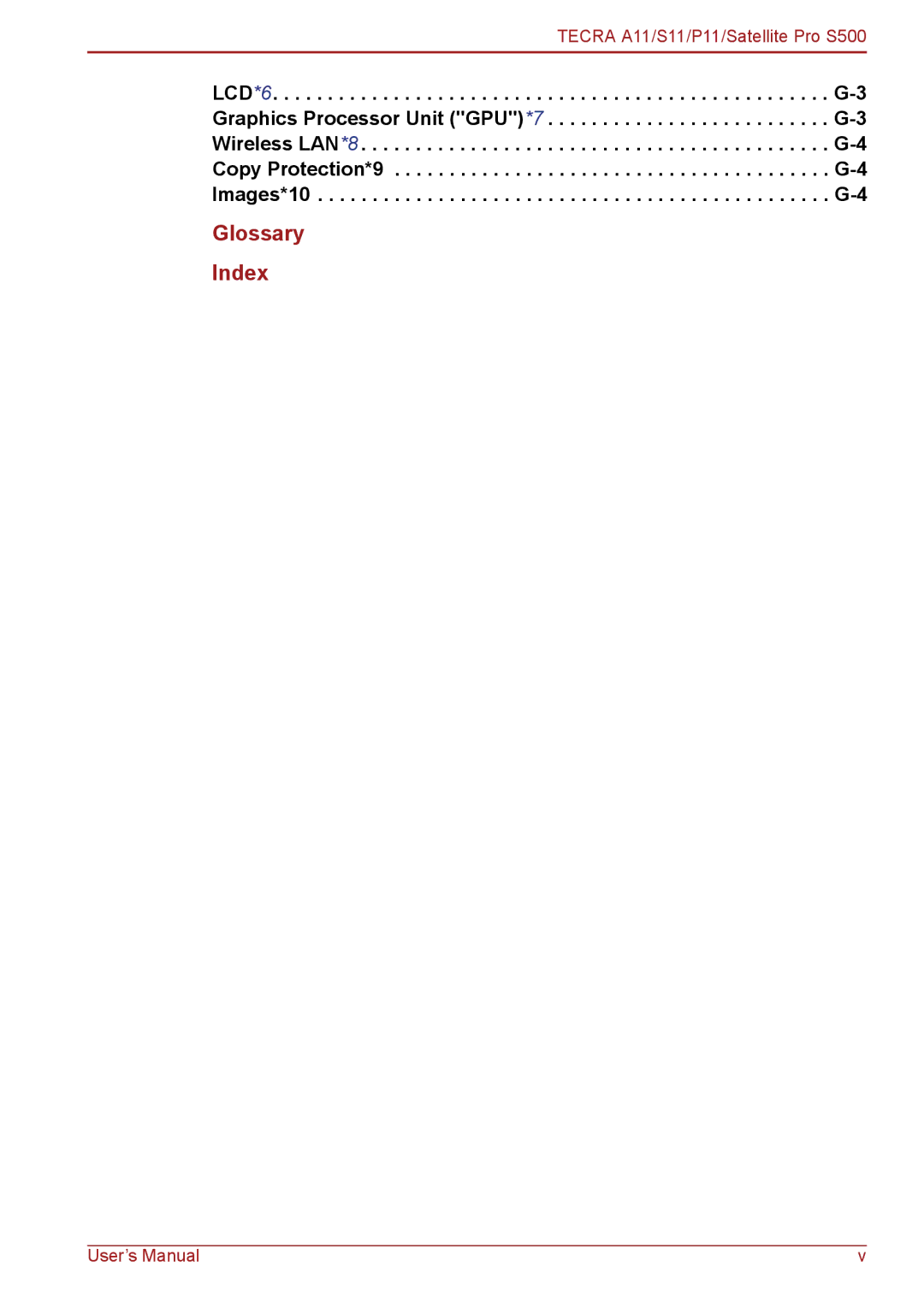 Toshiba A11, P11, S11 user manual Glossary Index 