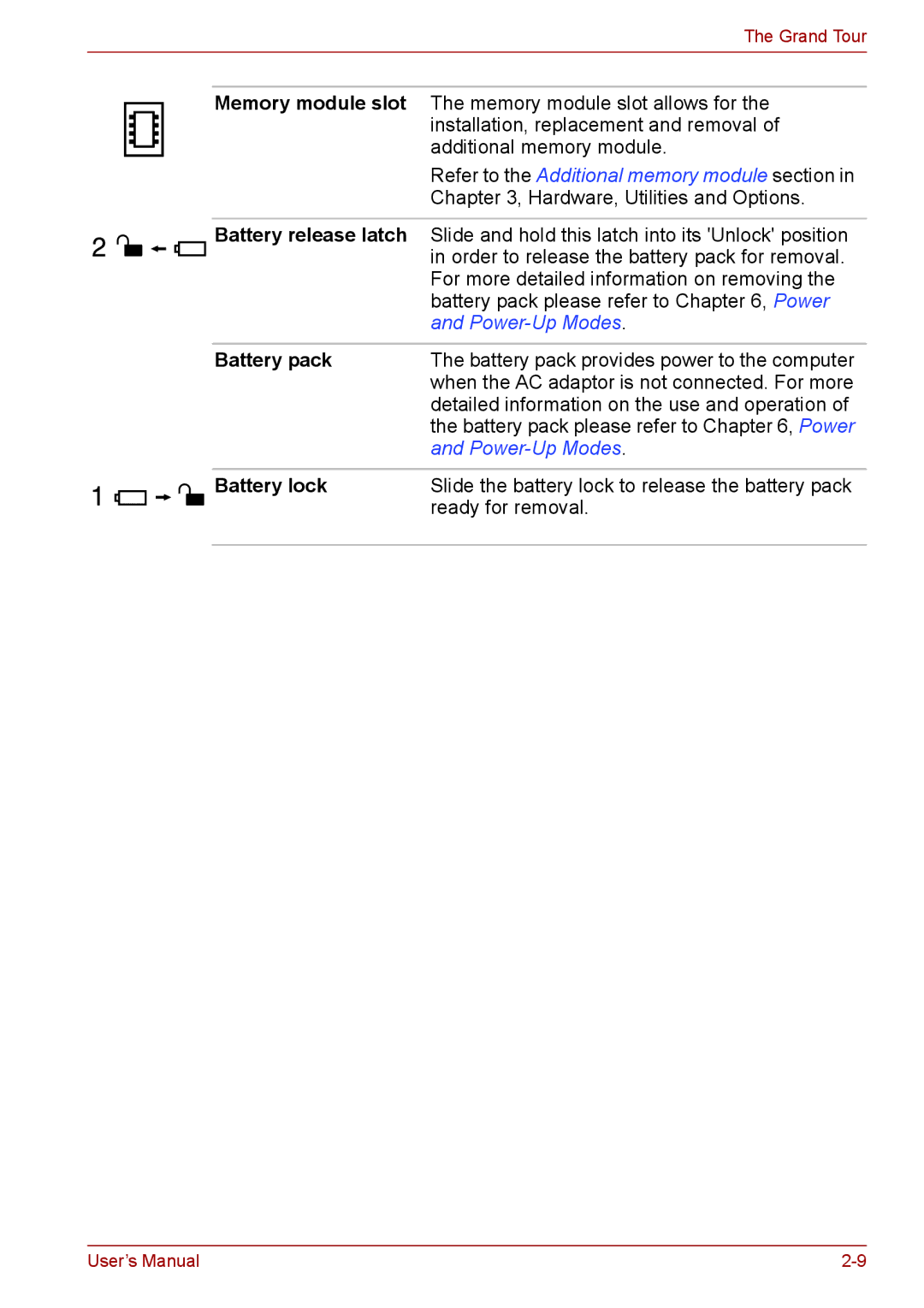 Toshiba A11, P11, S11 user manual Battery pack, Battery lock 