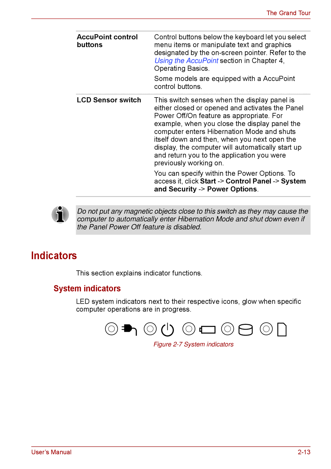 Toshiba P11, S11, A11 user manual Indicators, System indicators 