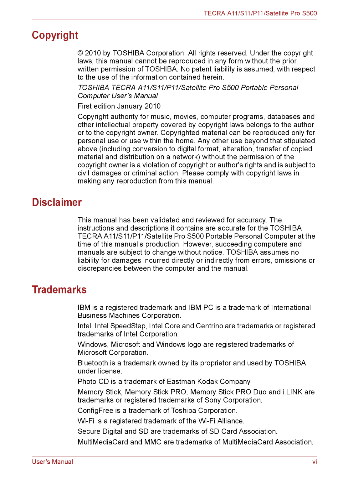 Toshiba P11, S11, A11 user manual Copyright, Disclaimer, Trademarks 