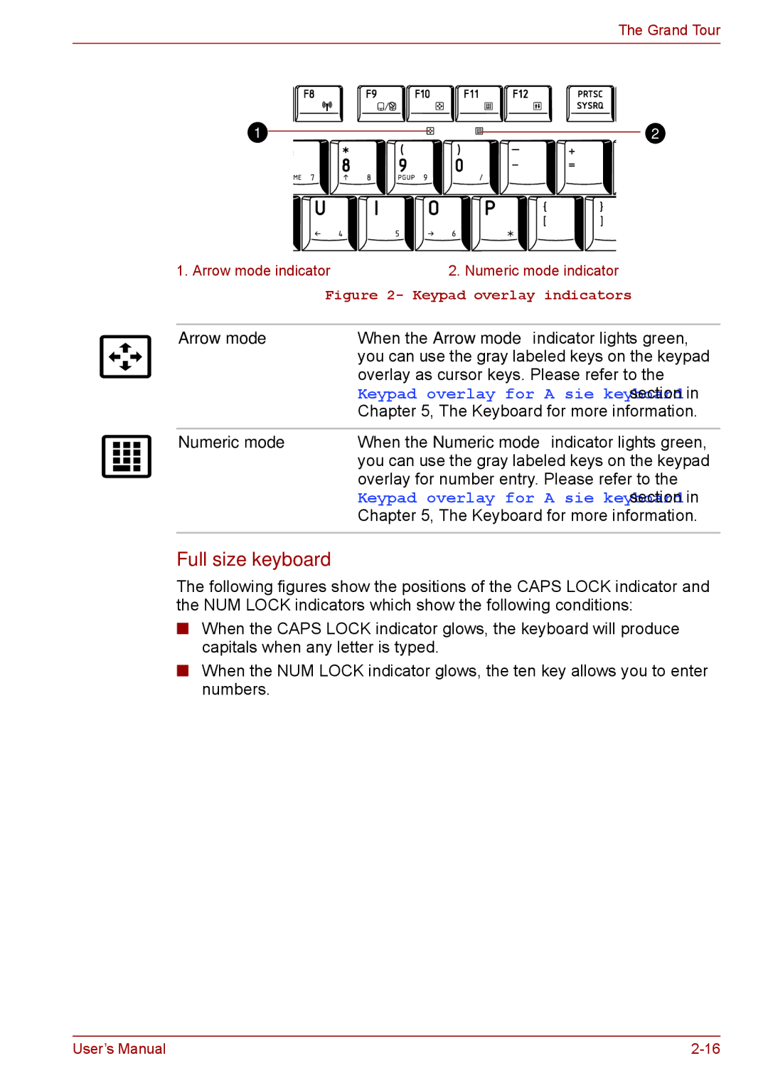 Toshiba P11, S11, A11 user manual Full size keyboard, Arrow mode, Numeric mode 