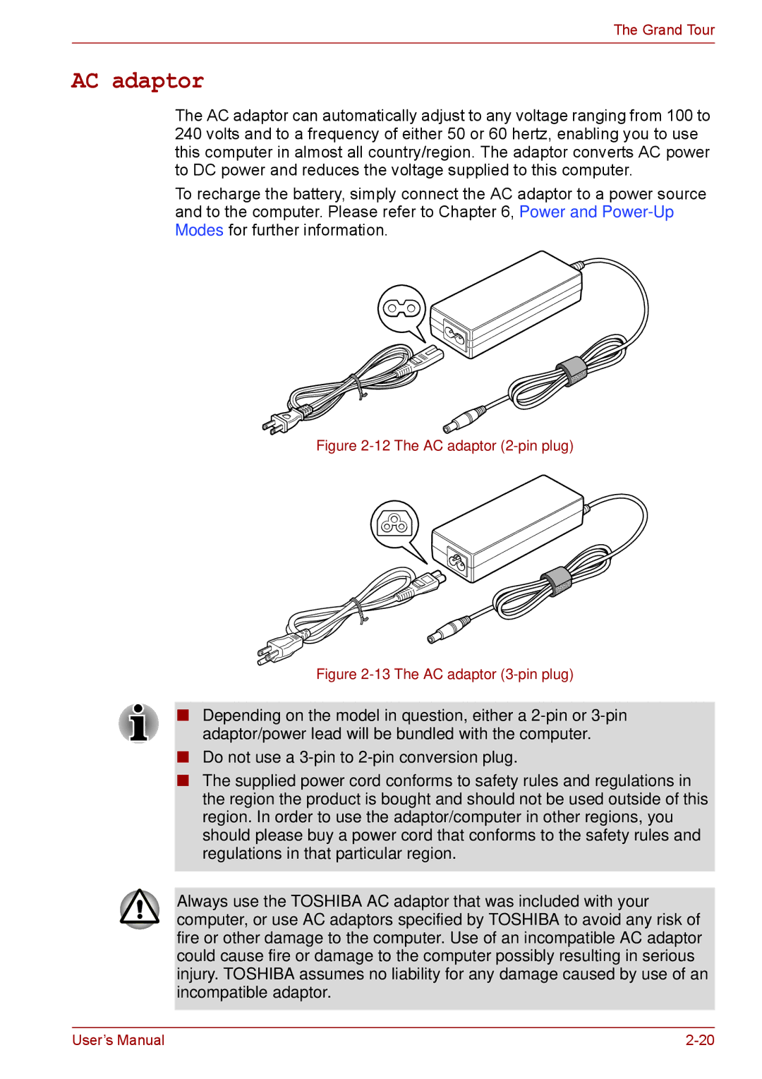 Toshiba S11, P11, A11 user manual The AC adaptor 2-pin plug 