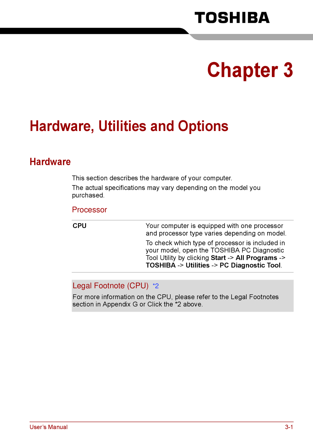 Toshiba A11, P11 Hardware, Utilities and Options, Processor, Legal Footnote CPU*2, Toshiba Utilities PC Diagnostic Tool 