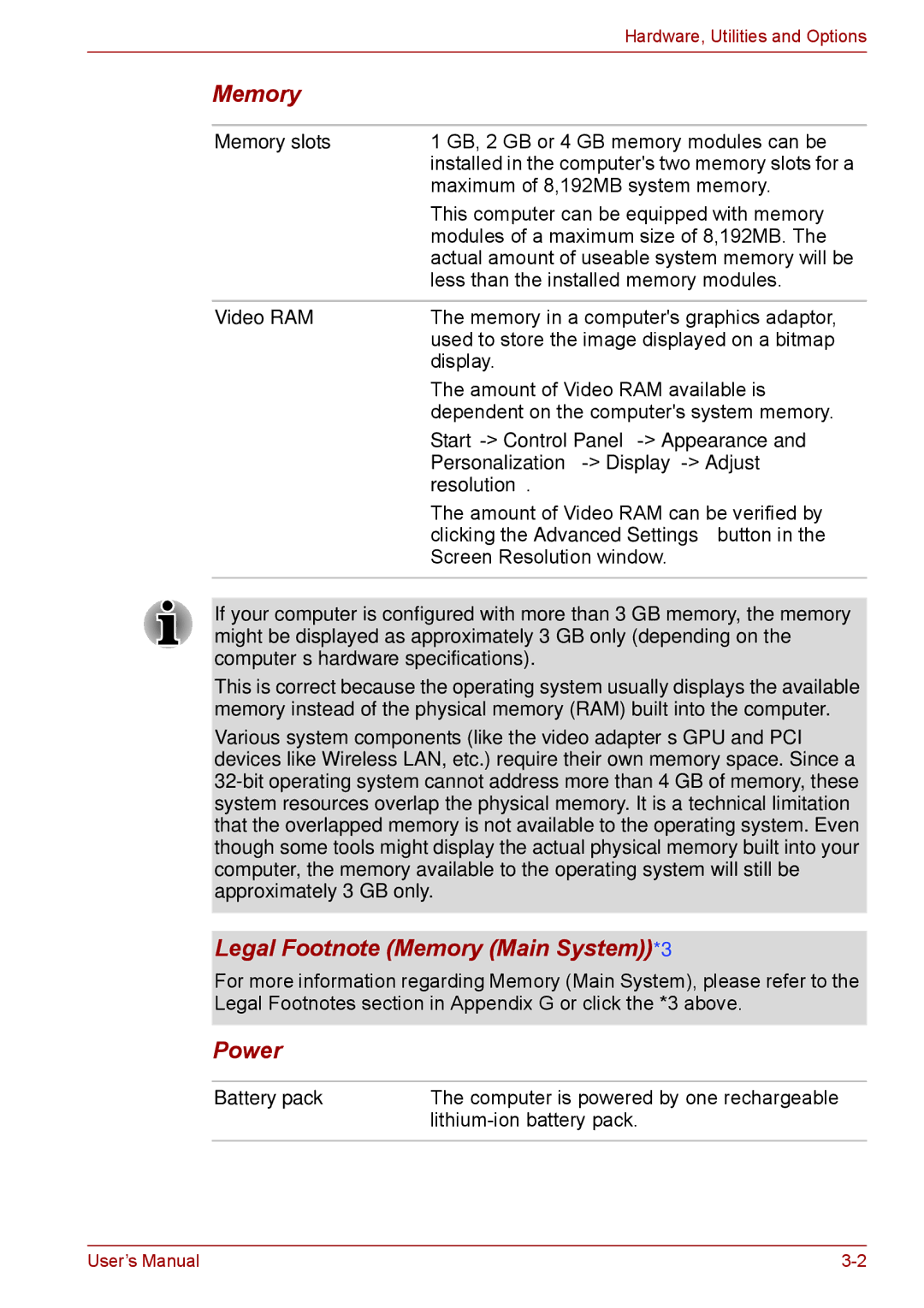 Toshiba P11, S11, A11 user manual Legal Footnote Memory Main System*3, Power 