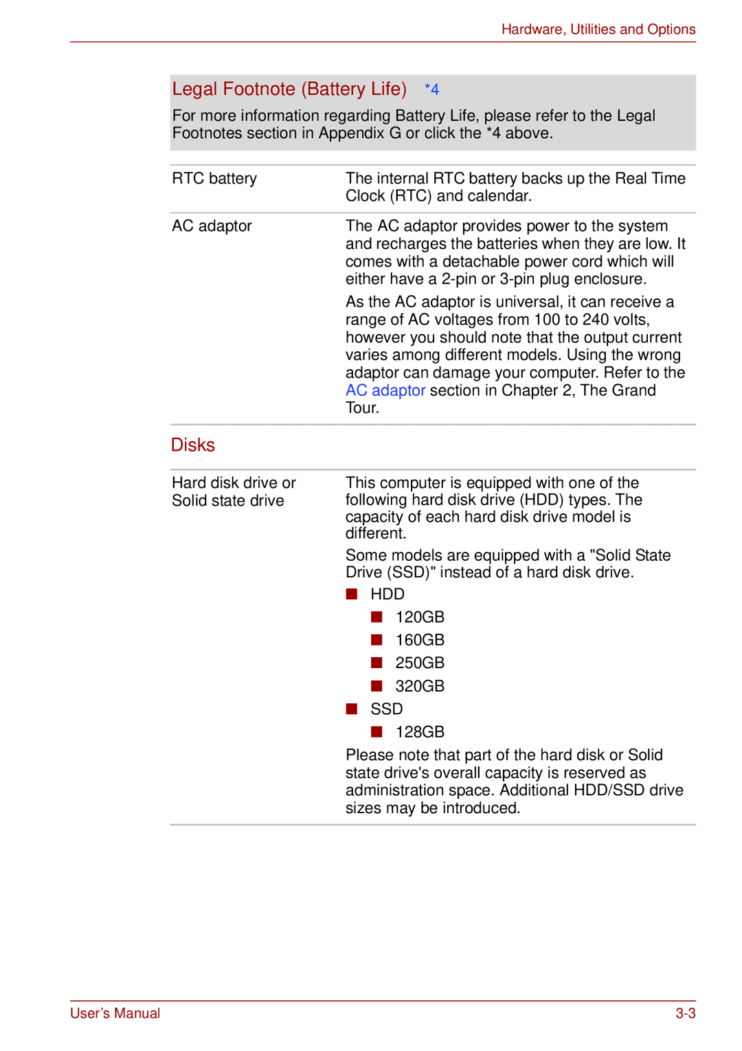 Toshiba S11, P11, A11 user manual Legal Footnote Battery Life*4, Disks, RTC battery, AC adaptor 