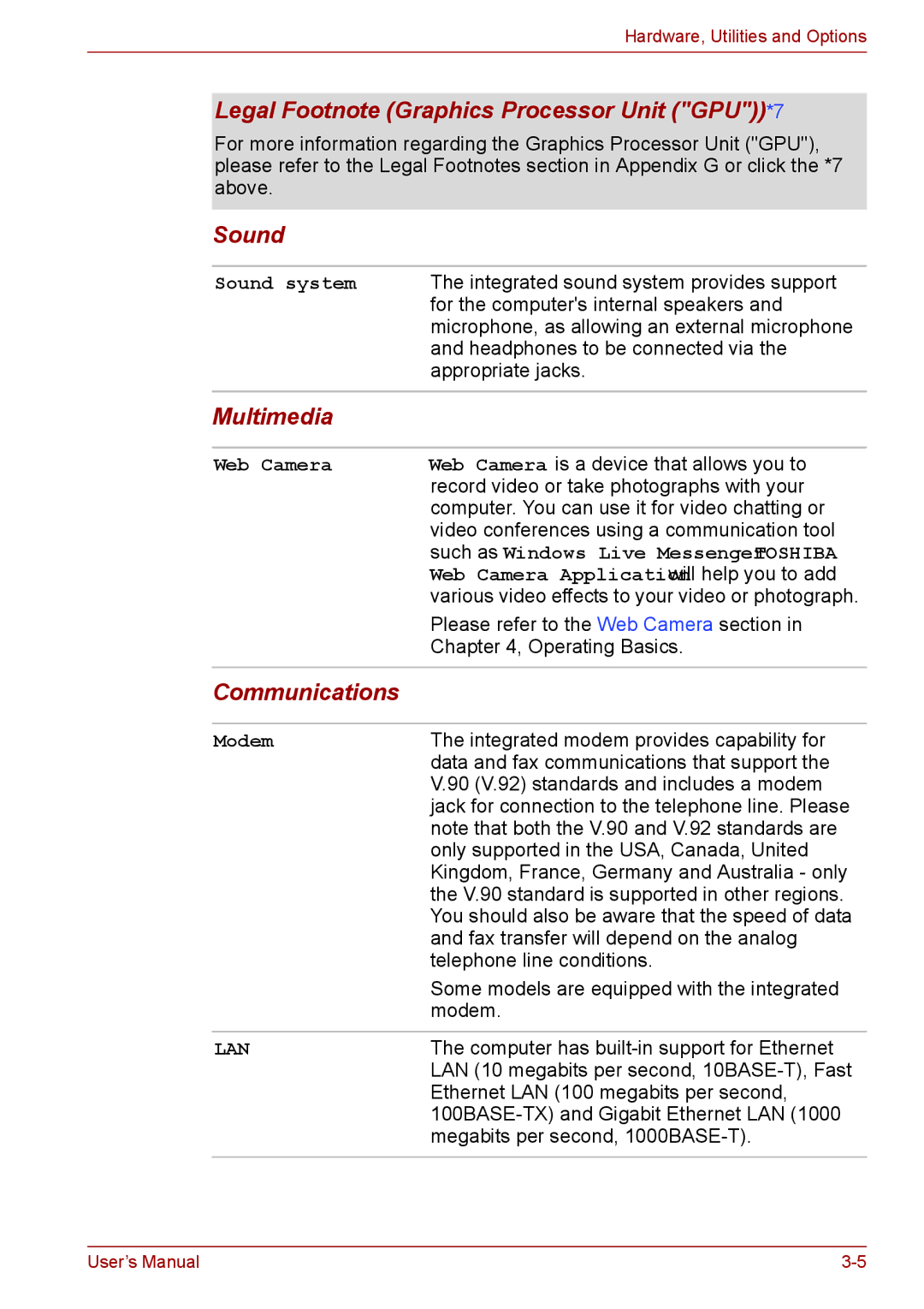 Toshiba P11, S11, A11 user manual Legal Footnote Graphics Processor Unit GPU*7, Sound, Multimedia, Communications 