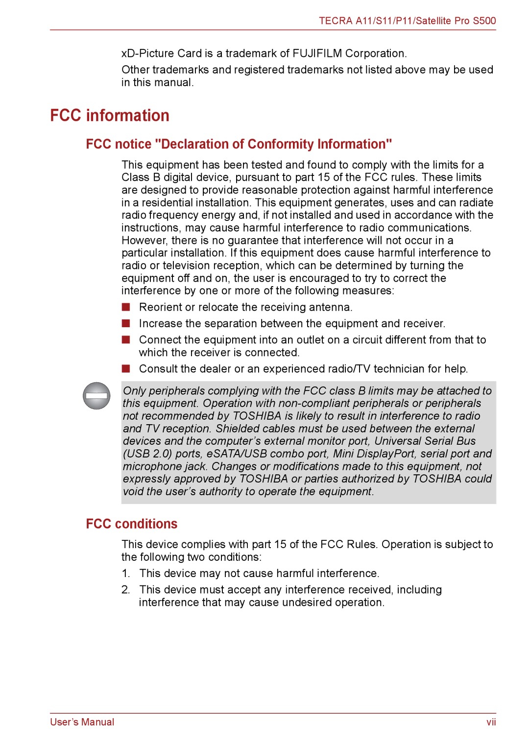 Toshiba S11, P11, A11 user manual FCC information, FCC notice Declaration of Conformity Information, FCC conditions 