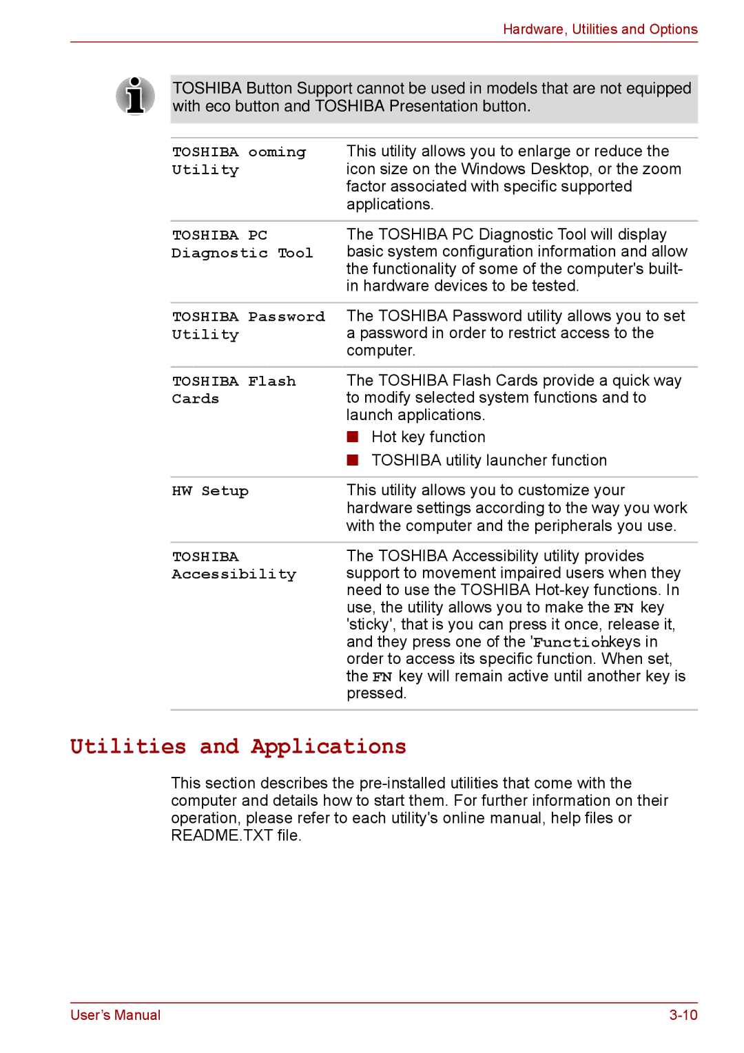 Toshiba A11, P11, S11 user manual Utilities and Applications 