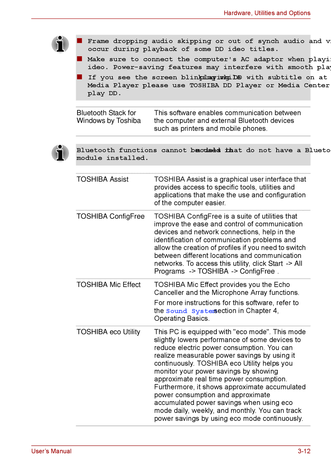 Toshiba S11, P11, A11 user manual Hardware, Utilities and Options 